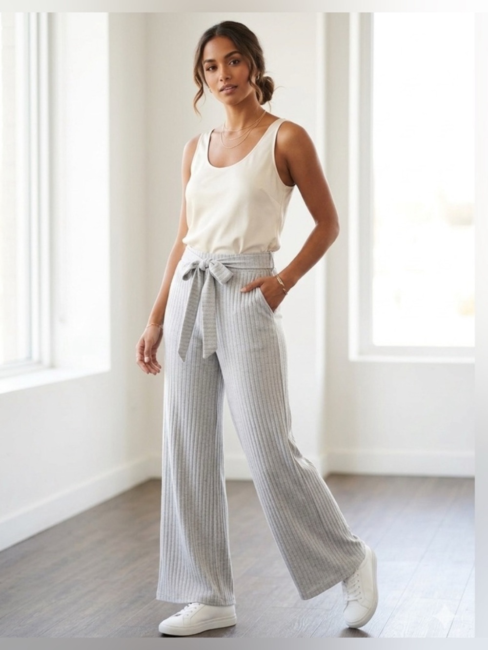Forever 21 Grey Ribbed Wide Leg Pants Medium Tie Waist Cozy Loungewear M